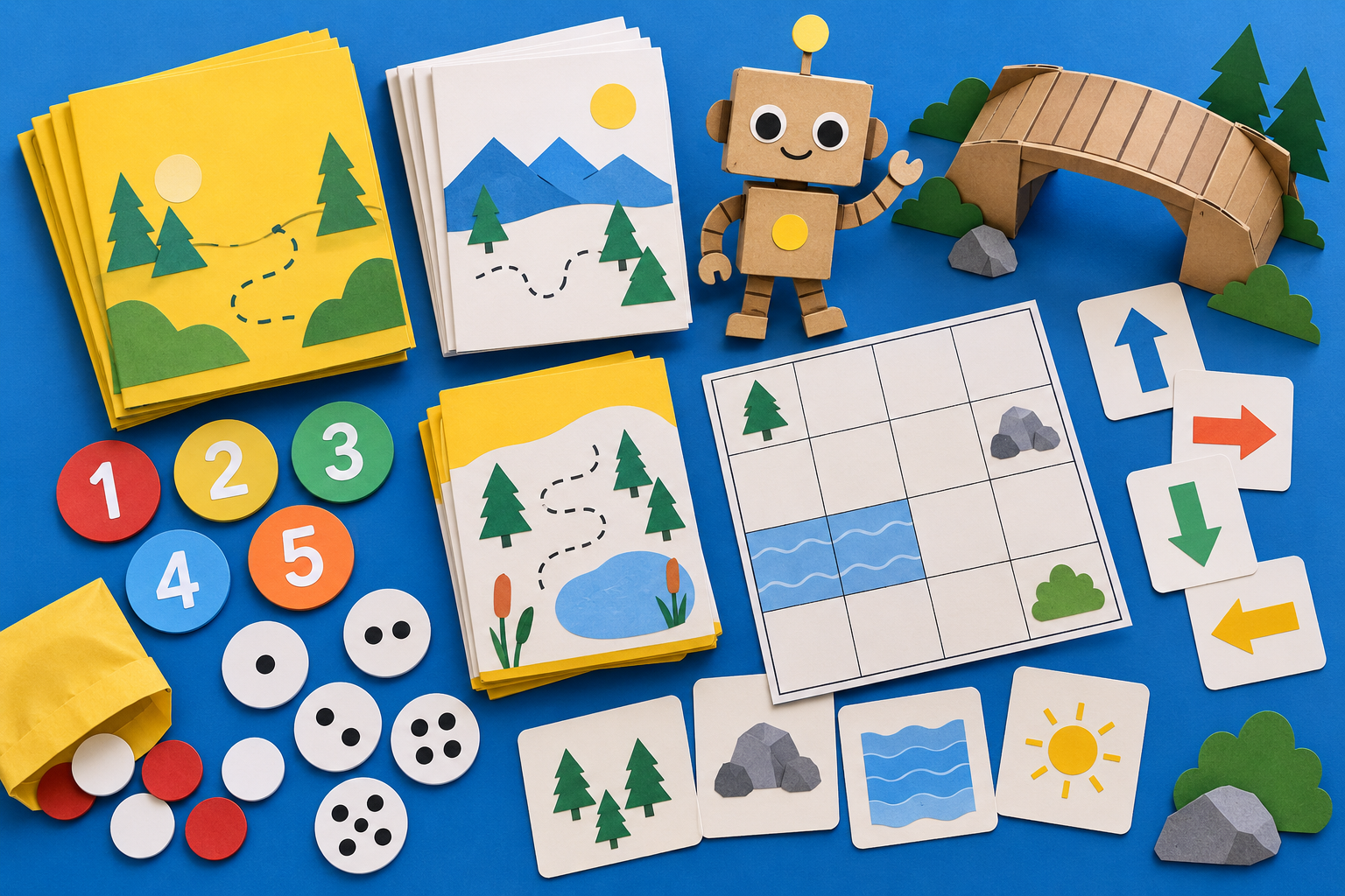 Concept illustration of an original mission booklet, cardboard robot, number counters, arrow cards and tabletop grid